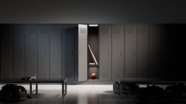 Güzel bir soyunma odası. Üniversite spor salonunda gri metal dolapları olan erkekler soyunma odası. Kamera, dolabın kapılarını beyzbol malzemeleriyle gösteriyor. Spor kulübü..