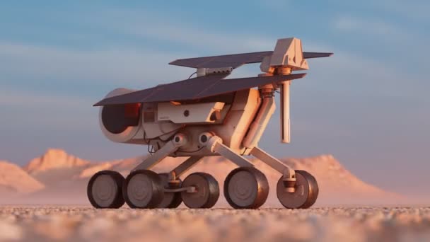 地形を探索する惑星ローバーのアニメーション 赤い惑星のデータを収集する太陽光発電ロボット 測定中に車両をテストする 火星探査の科学ミッション 宇宙研究 — ストック動画