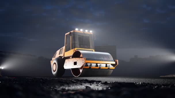 Animacja Dużego Żółtego Rolki Drodze Asfaltowej Nocy Ogromny Pojazd Oświetlony — Wideo stockowe