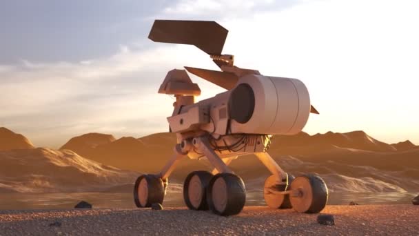Planetaire Rover Verkent Buitenaardse Planeet Zonne Energie Robot Verzamelt Gegevens — Stockvideo