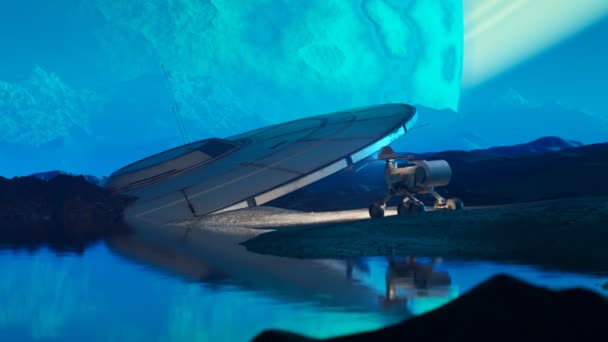 行星漫游者在探索行星的过程中发现了外星飞船 发现的太阳能机器人把宇宙飞船溅落了 研究期间的试验车 美丽的夜景 — 图库视频影像