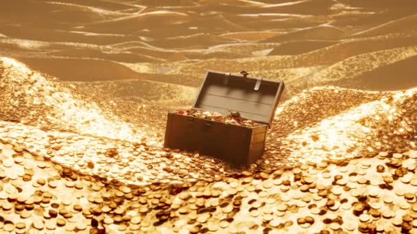Ανοιχτό Ξύλινο Μπαούλο Γεμάτο Χρυσά Νομίσματα Λαμπερά Κοσμήματα Και Διαμάντια — Αρχείο Βίντεο