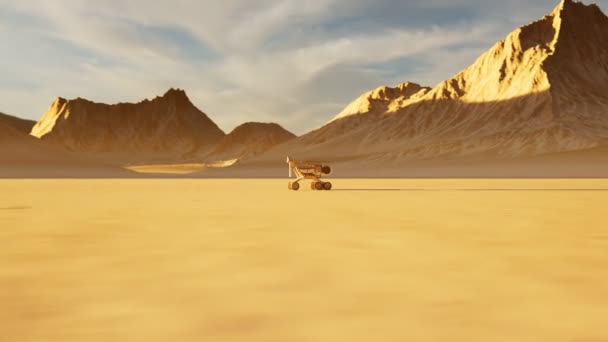 エイリアン惑星を探索する惑星ローバー 太陽光発電ロボットは 美しい岩の砂漠を通って非常に速く移動します 宇宙研究で車両をテストする 宇宙探査の科学ミッション — ストック動画