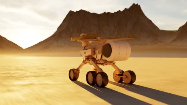 行星漫游者探索外星星球 太阳能机器人在美丽的岩石沙漠中快速移动 宇宙研究中的试验工具 空间探索的科学任务 — 图库视频影像