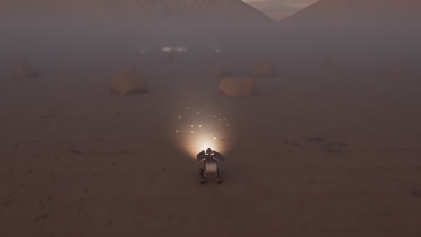 夜に宇宙基地に向かう惑星のローバー 太陽光発電ロボットは 岩の砂漠を超えてエイリアン惑星を高速に移動します テスト車両は宇宙基地に戻る 宇宙研究 サイエンスミッション — ストック動画