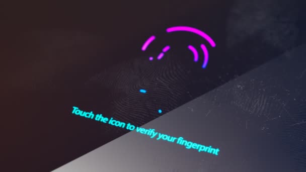 通过在屏幕上显示蓝色和紫色图标的智能手机动画来验证指纹 用手指解锁你的手机 保障个人资料安全的新技术 — 图库视频影像