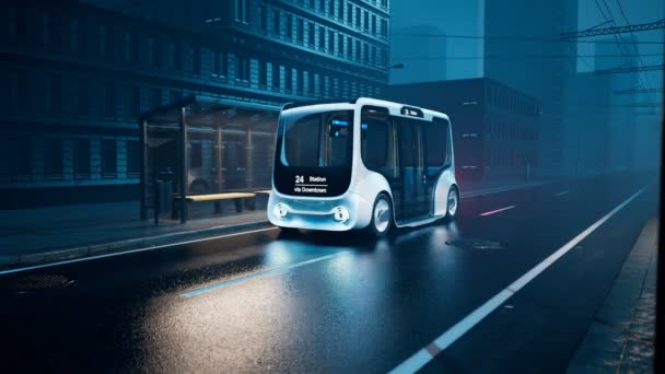 Şehirdeki Otobüs Durağında Otonom Bir Elektrikli Akıllı Otobüs Moder Minibüs — Stok video