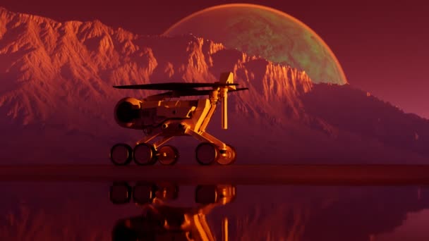 惑星のローバーは火星の美しい山の風景を通り抜けています テスト車両は宇宙基地に戻る 宇宙研究 エイリアン惑星の太陽光発電ロボット 科学ミッション エクスペリエンス — ストック動画