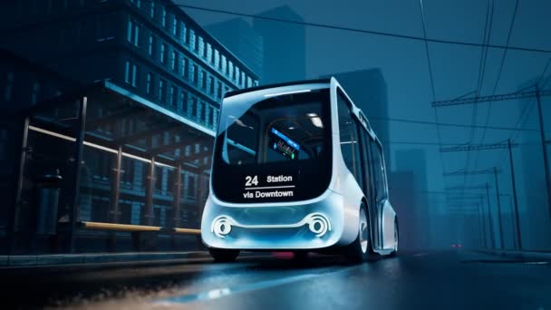 Автономный Электрический Смарт Автобус Автовокзале Городе Модер Микроавтобус Останавливается Автобусной — стоковое видео