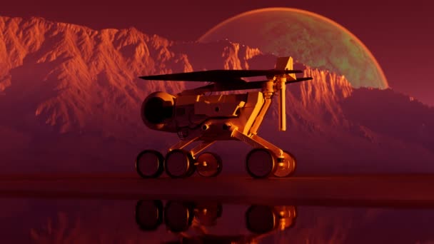 惑星のローバーは火星の美しい山の風景を通り抜けています テスト車両は宇宙基地に戻る 宇宙研究 エイリアン惑星の太陽光発電ロボット 科学ミッション エクスペリエンス — ストック動画