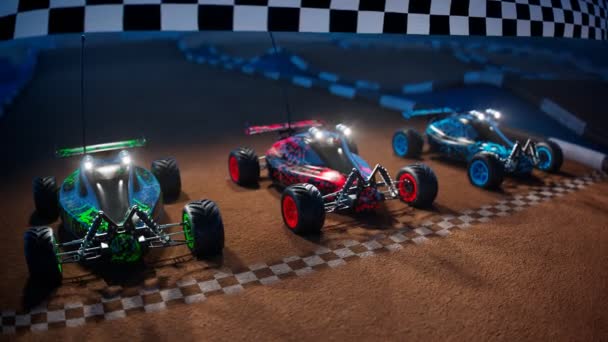 Drei Autos Die Bei Einem Spielzeugrennen Den Start Gehen Ferngesteuerte — Stockvideo