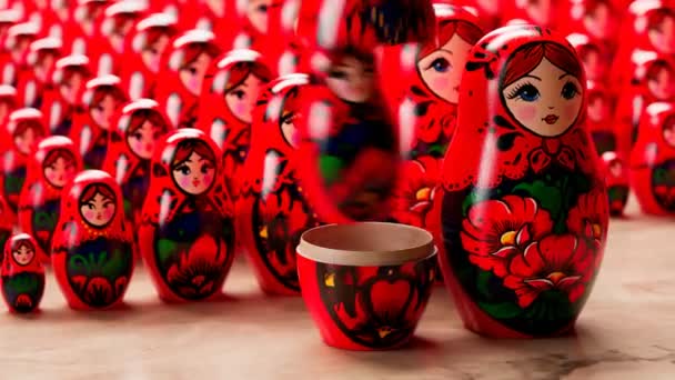 Beautiful Handmade Matryoshka Dolls Set Traditional Wooden Russian Toys Increasing — Stock Video