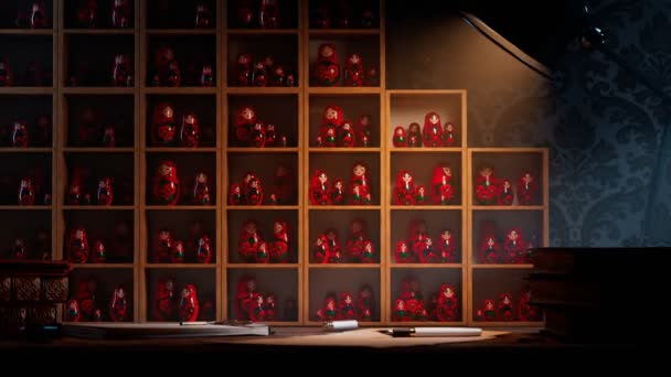 Красиві Ляльки Ручної Роботи Маринування Полицях Столом Величезна Кількість Бабушків — стокове відео