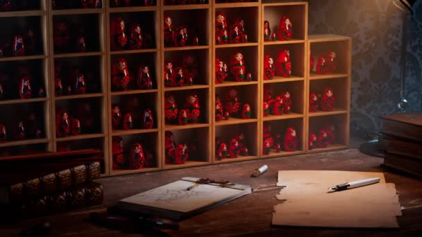 Красиві Ляльки Ручної Роботи Маринування Полицях Столом Величезна Кількість Бабушків — стокове відео