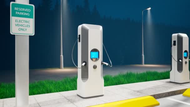电动小巴充电站 一辆汽车停在停车场给电池充电 环保汽车的概念 电动汽车正在接上电 电机动性 — 图库视频影像