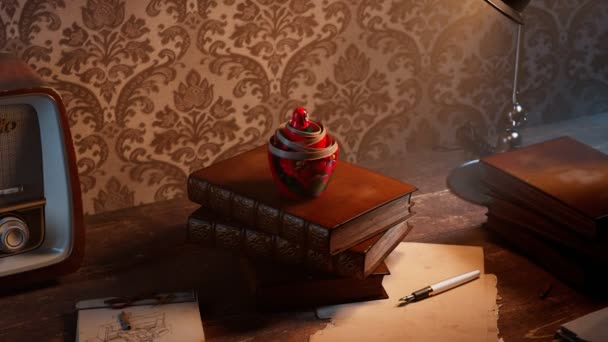 漂亮的手工制作的Matryoshka娃娃在古董桌上 巴布什卡里面的动画在旋转 精美的俄罗斯传统木制玩具放在一堆旧书上 艺术纪念品 神秘莫测 — 图库视频影像