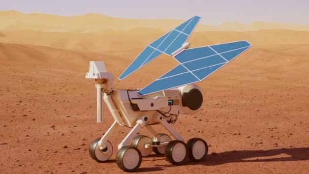 Rover Planetario Carga Baterías Mientras Explora Planeta Rojo Robot Energía — Vídeo de stock