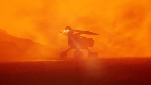 Rover Planetario Atravesando Desierto Planeta Alienígena Robot Energía Solar Durante — Vídeo de stock