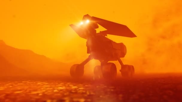 行星漫游者在外星星球上穿越沙漠在一场巨大的沙尘暴中 太阳能机器人 试验车返回太空基地 宇宙研究 科学使命 沙尘暴 — 图库视频影像