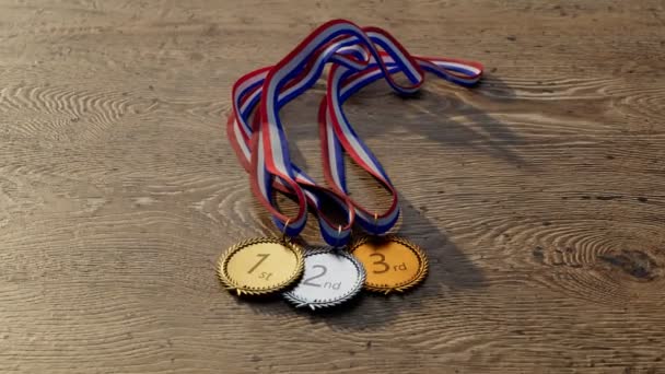 为三大获奖者设立了一系列闪亮的奥运金牌 冠军用缎带 一等奖赢得比赛 冠军的象征 放大放大 — 图库视频影像