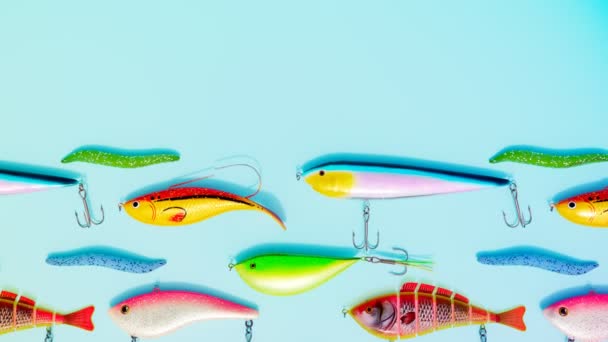 Бесшовный Цикл Анимации Разноцветных Рыбных Укусов Набор Разноцветных Приманок Рыболовных — стоковое видео