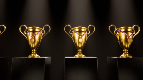 Egy Végtelen Sor Arany Kupa Kitüntetés Győzteseknek Első Díjak Talpazatokért — Stock videók