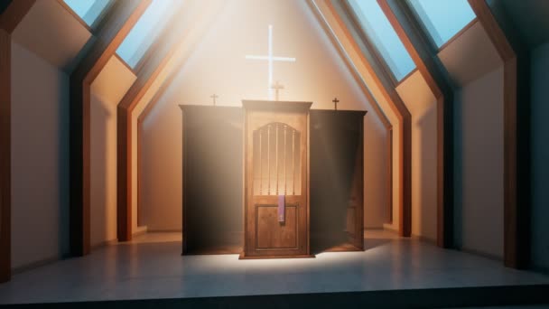 基督教礼拜堂里美丽的光芒洒在忏悔上 把他安置在天主教堂里忏悔罪 忏悔与和解的圣礼 恶魔的仁慈 宽恕和爱的象征 — 图库视频影像