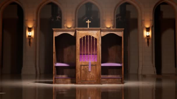 Прекрасный Свет Христианской Часовне Падает Исповедальне Место Католической Церкви Исповедоваться — стоковое видео
