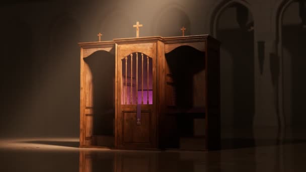 基督教礼拜堂里美丽的光芒洒在忏悔上 把他安置在天主教堂里忏悔罪 忏悔与和解的圣礼 恶魔的仁慈 宽恕和爱的象征 — 图库视频影像