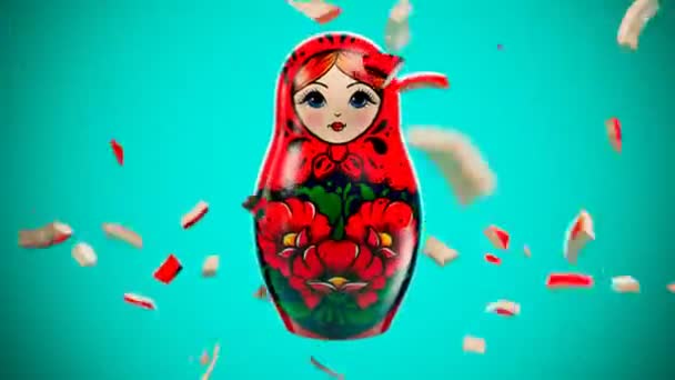 Beautiful Handmade Matryoshka Doll Wooden Babushka Breaking Falling Apart Can — Stock Video