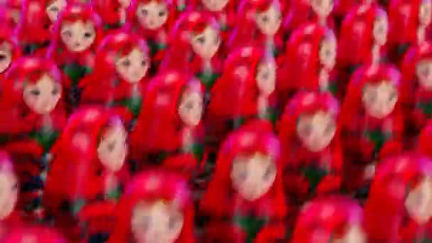 漂亮的手工制作的Matryoshka娃娃 大量的Babushkas跳到一起 形成了一个波浪 那一大套可爱的俄罗斯传统木制玩具成排排列 无缝线圈 靠近点 — 图库视频影像