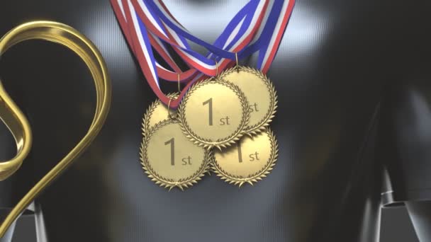 Победитель Медалями Груди Золотыми Кубками Руках Празднование Победы Конкурсе Конфетти — стоковое видео