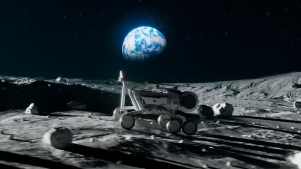 Planetární Rover Procházející Krásnou Měsíční Krajinou Robot Solární Energie Zastaví — Stock video