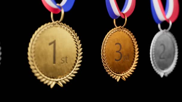 Бесконечная Анимация Линейки Серебряных Золотых Бронзовых Спортивных Медалей Лентами Набор — стоковое видео