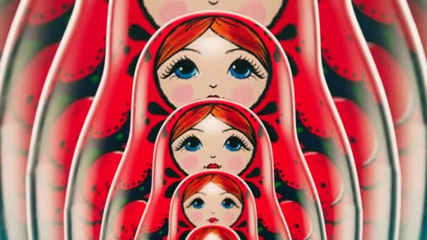 美丽的手工制作的Matryoshka娃娃一连无限地成长 关于Babushkas的前景色接二连三地呈现出来 俄罗斯传统木制玩具 用五彩缤纷的装饰品作画的艺术纪念品 — 图库视频影像
