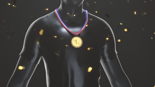 Göğsünde Siyah Arka Planda Altın Madalyası Olan Bir Kazanan Yarışmayı — Stok video