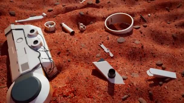 Анимация Показывает Разбрызгивание Космического Корабля Рассеянные Части Планетарного Ровера Разбитое — стоковое видео