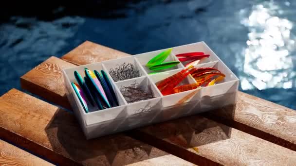 Εξαρτήματα Αλιείας Κουτί Διαμερίσματα Κινούμενα Σχέδια Από Διάφορα Χρωματιστά Τσιμπήματα — Αρχείο Βίντεο