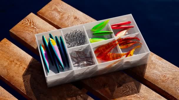 Εξαρτήματα Αλιείας Κουτί Διαμερίσματα Κινούμενα Σχέδια Από Διάφορα Χρωματιστά Τσιμπήματα — Αρχείο Βίντεο