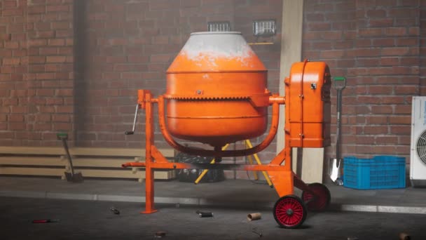 施工现场混凝土搅拌机无缝隙环路动画 工业背景与墙 重橙色金属机械搅拌水泥 建筑过程 — 图库视频影像