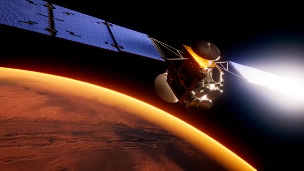 화성의 궤도에 떠있는 아름다운 풍경을 거대한 패널과 행성의 표면을 탐험합니다 — 비디오