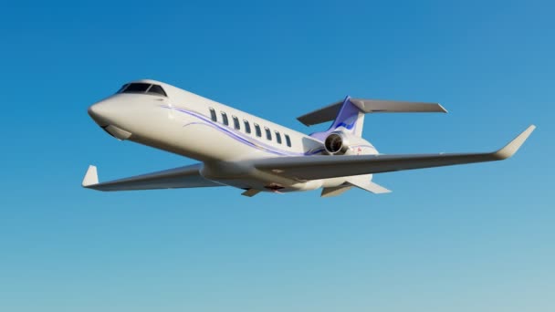 Vita Flygplan Som Flyger Den Blå Himlen Ett Privatplan Förbereder — Stockvideo