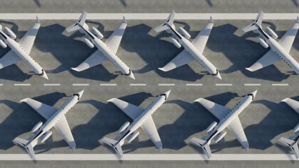 机场上白色喷气式飞机的无缝线动画 机场的空中景观 飞机在跑道上准备起飞 包租飞机包机 舒服地旅行 — 图库视频影像