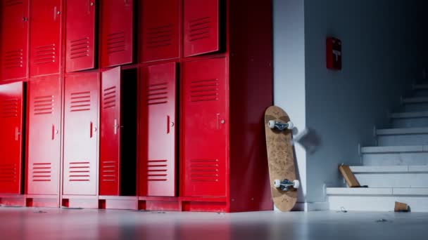 Страшно Багато Шкільного Коридору Камера Панорамує Показує Червоні Шафки Студентів — стокове відео
