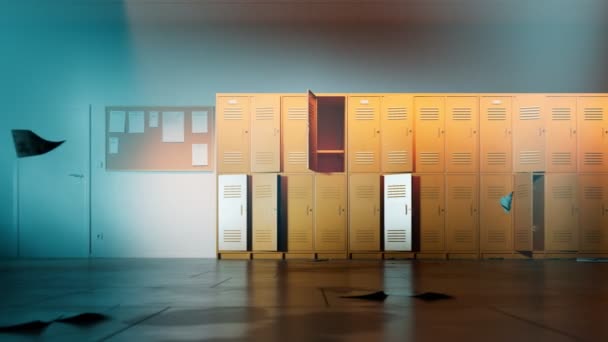 Strašidelná Školní Chodba Kamera Pohybuje Ukazuje Oranžové Skříňky Pro Studenty — Stock video
