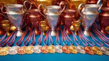 Kazananlar için sonsuz kupa, altın, gümüş ve kahverengi madalyalar. Şampiyonlar için ödüller. Etkileyici parlak spor ödülleri. Yarışmayı kazandığın için ödüller. Başarı, zafer, zafer, başarı.