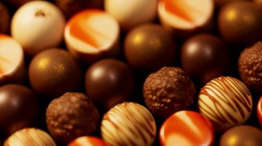 Çeşit çeşit çikolatalı pralinler. Beyaz ve koyu çikolata jöleli, şekerli ve karamel şekerli tatlı bonbonlar. Şeker dükkanı, pastane, sevgililer günü ya da anneler günü için mükemmel..