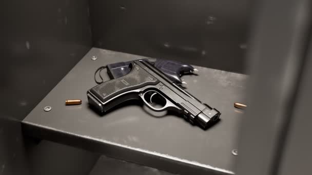 Чорний Пістолет Гармата Полиці Металевій Сірій Шафці Шкільному Коридорі Камера — стокове відео