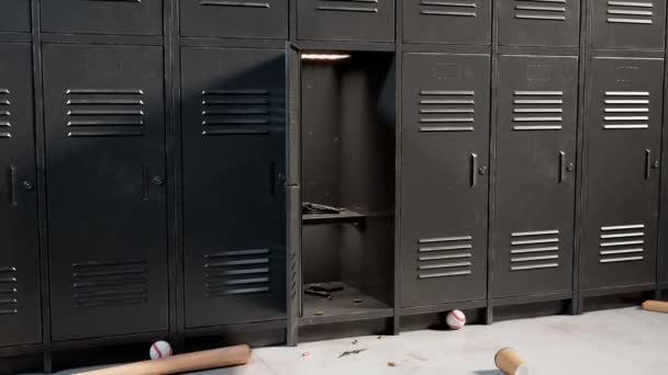 学校走廊的金属灰色储物柜 摄像机朝储物柜敞开的门移动 架子上有手枪和弹夹 子弹掉在地板上了 学校犯罪的概念 — 图库视频影像