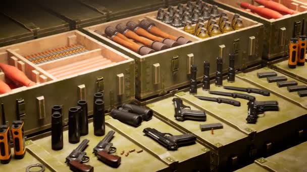 Animation Avec Armes Boîtes Militaires Pleines Munitions Accessoires Armée Matériel — Video